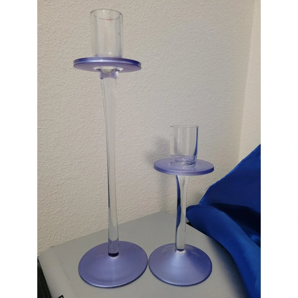 Glass Candlestick Holders Set of 2 Purple/Lavender Tinted Glass with Clear Stems